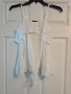 BCX White Ruffle Cold-Shoulder Crochet Bell-Sleeve Camisole